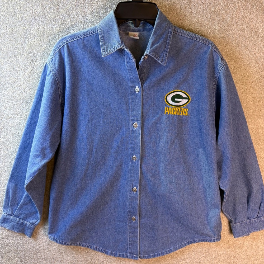 Vintage Green Bay Packers Mighty Mac Denim Button Shirt Wmn MED Blue Embroidered